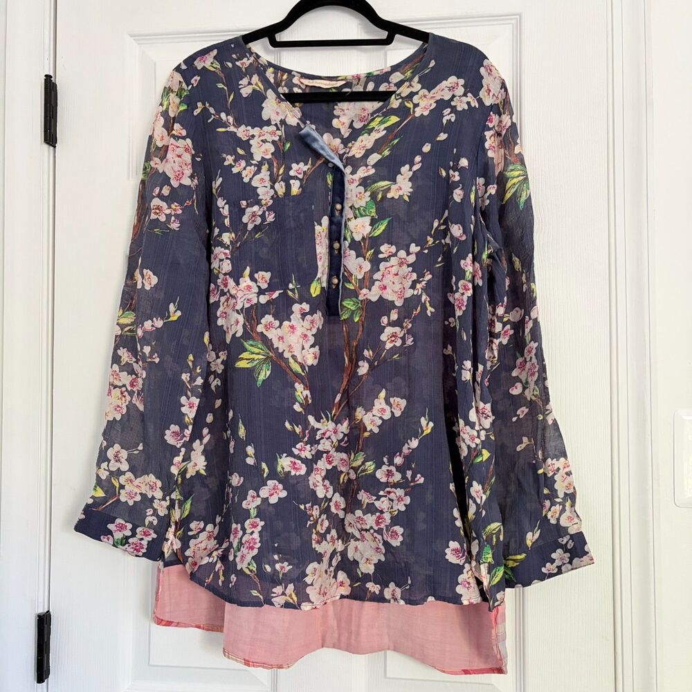 Soft Surroundings Floral Mixed Print Blouse Navy Pink White Size XL Elegant